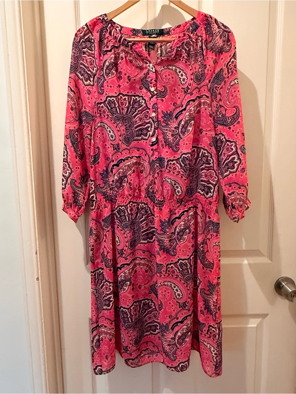 🌸 Lauren Ralph Lauren Pink Paisley Midi Dress - 3/4 Sleeve Snapped Waist.🌸